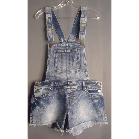 Fire Los Angeles Stone Wash Denim Bib Overall Shorts Womens Size Small Raw Hem - Picture 2 of 8